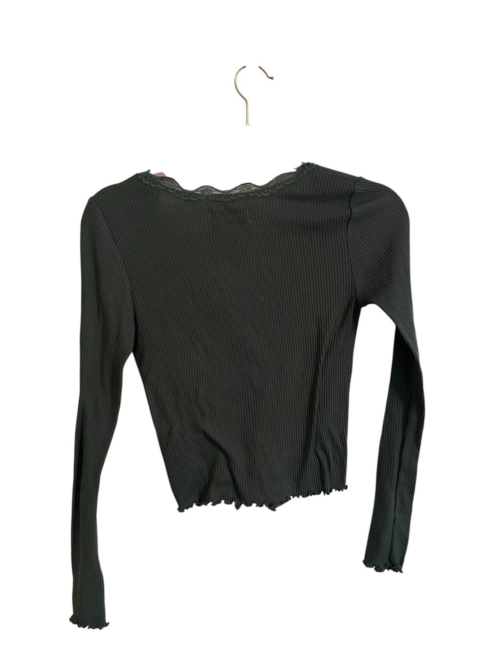 Urban Outfitters Olive Ribbed Lace-Trim Tie-Front Long Sleeve Top - Picture 2 of 3